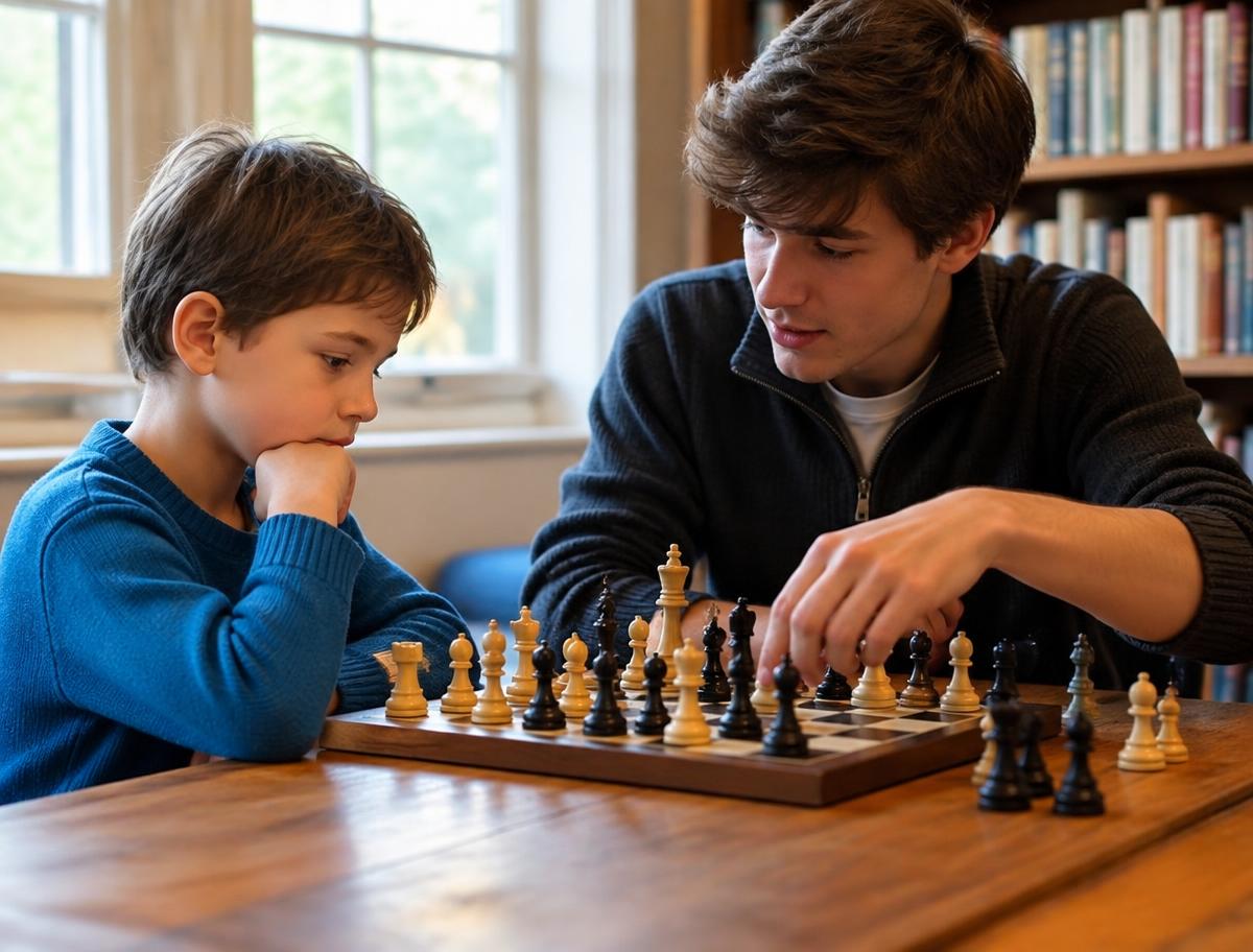 A teenage tutor teaching a younger child chess strategy at a wooden table