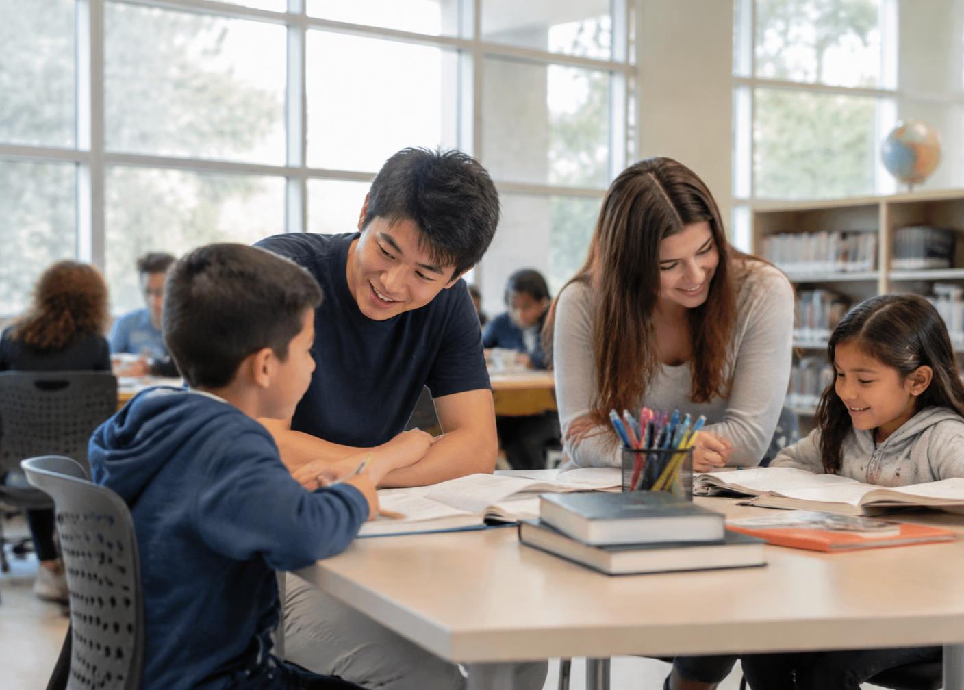 Teenage tutors working with younger students in a bright, welcoming study space